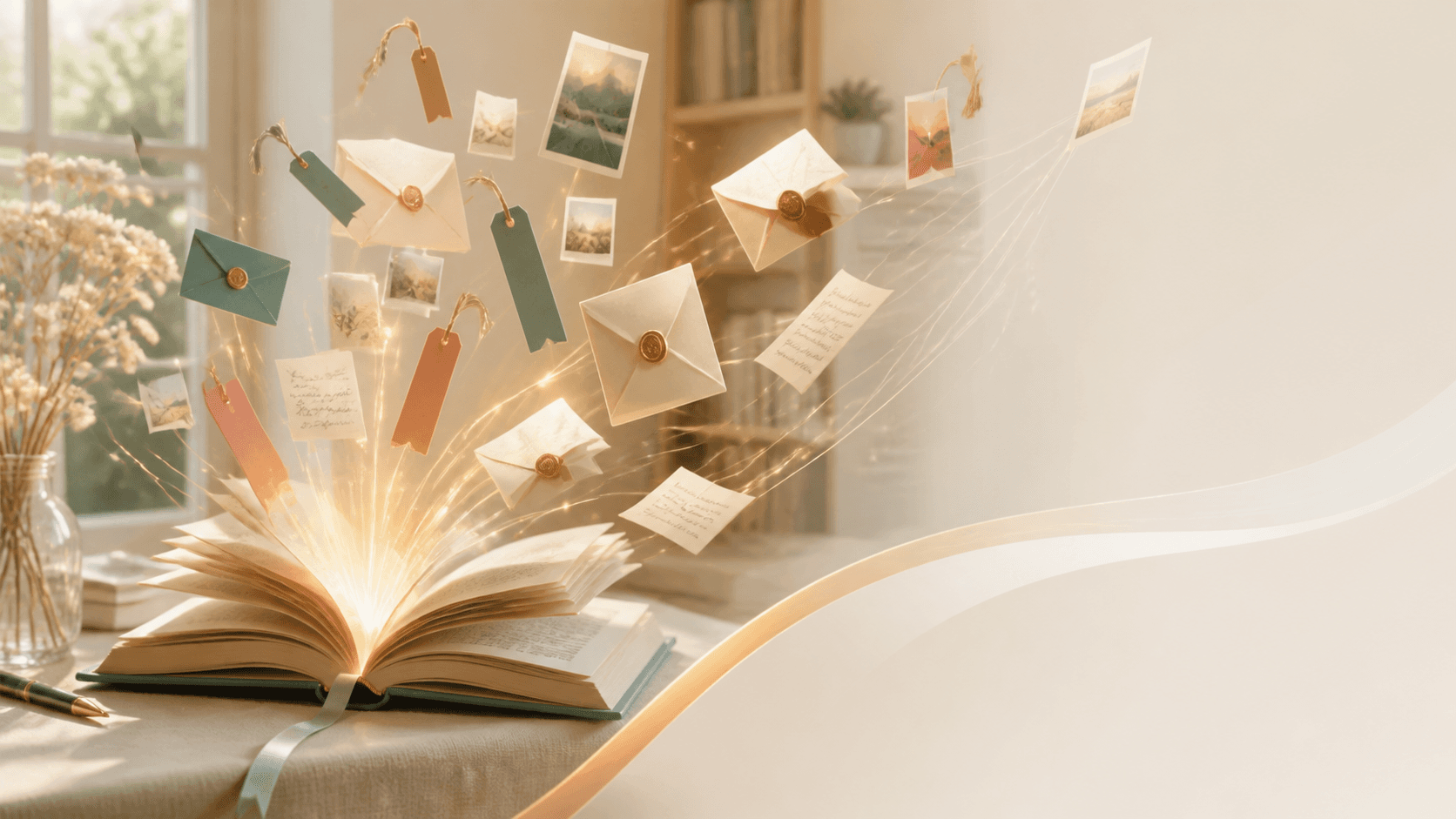 Reader letters and bookmarks flowing from an open book