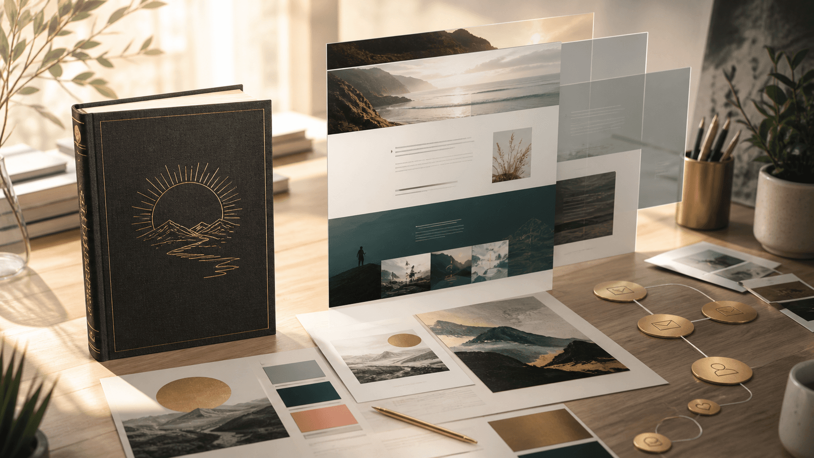 A book and layered author website designs in a bright creative studio